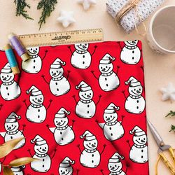 Ткань атлас весёлые снеговики на красном фоне