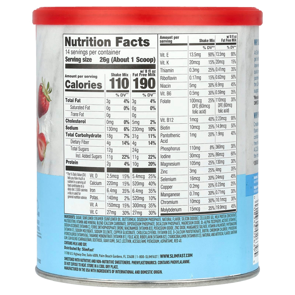 SlimFast, Original, коктейльная смесь-заменитель пищи, клубника со сливками, 364 г (12,83 унции)