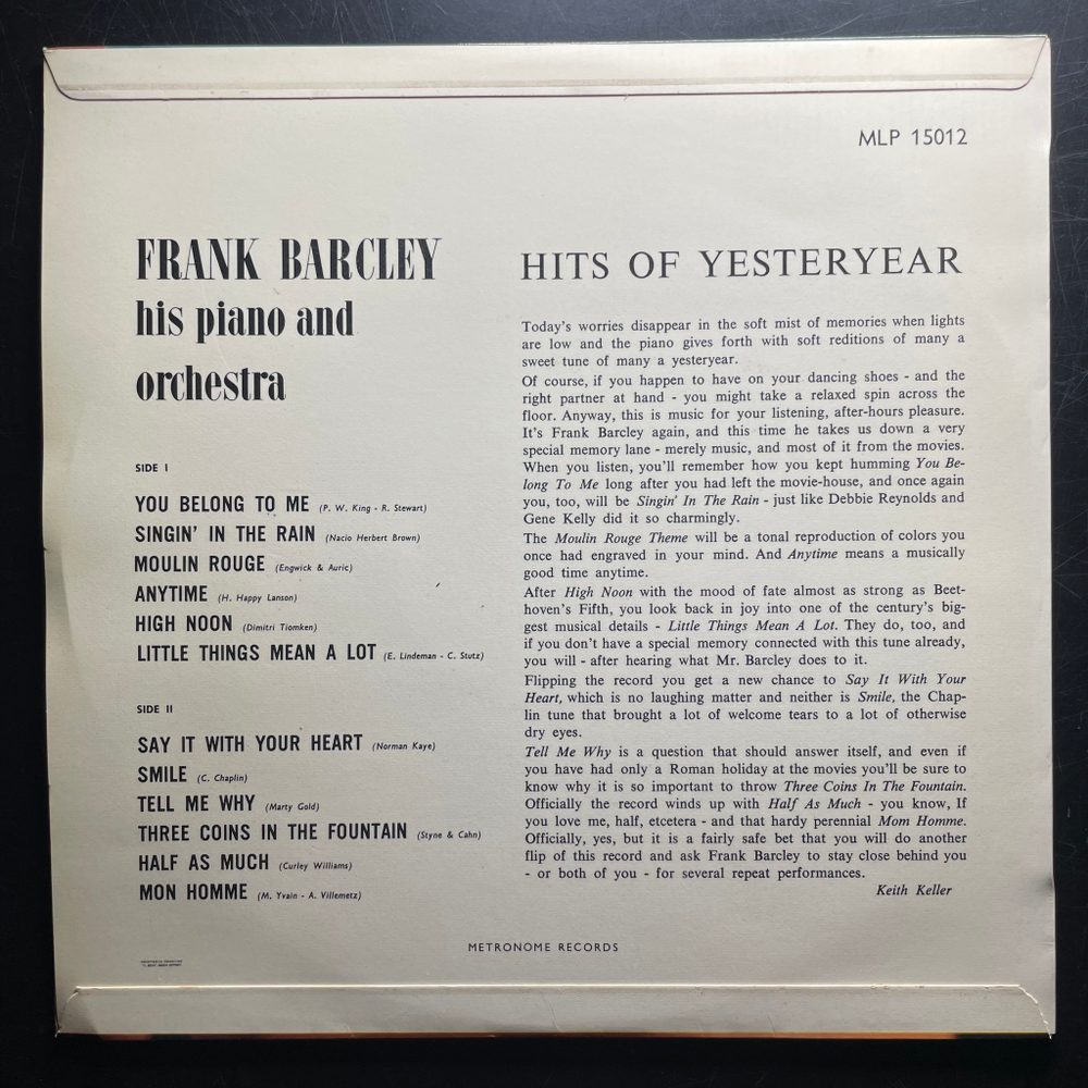 Frank Barcley And His Orchestra ‎– Hits Of Yesteryear (Дания 1958г.)