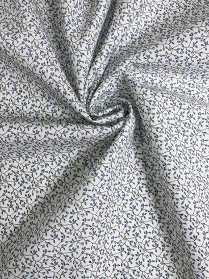 Коттон рубашечный, принт веточки синие/коричневые на белом