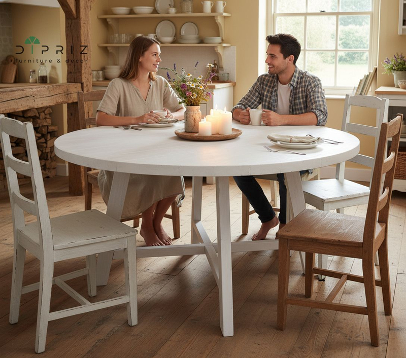 Стол кухонный, 120х120х74, Таула, обеденный, круглый, из массива дуба, белый, MAKOSA