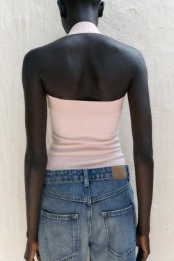 ZARA ЭЛАСТИЧНЫЙ ТОП С ГОРЛОВИНОЙ ХАЛТЕР, РОЗОВЫЙ