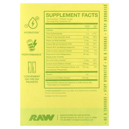 Raw Nutrition, Bum, для восполнения потери жидкости, электролитная формула, лимон и лайм, 20 пакетиков по 5,8 г (0,2 унции)