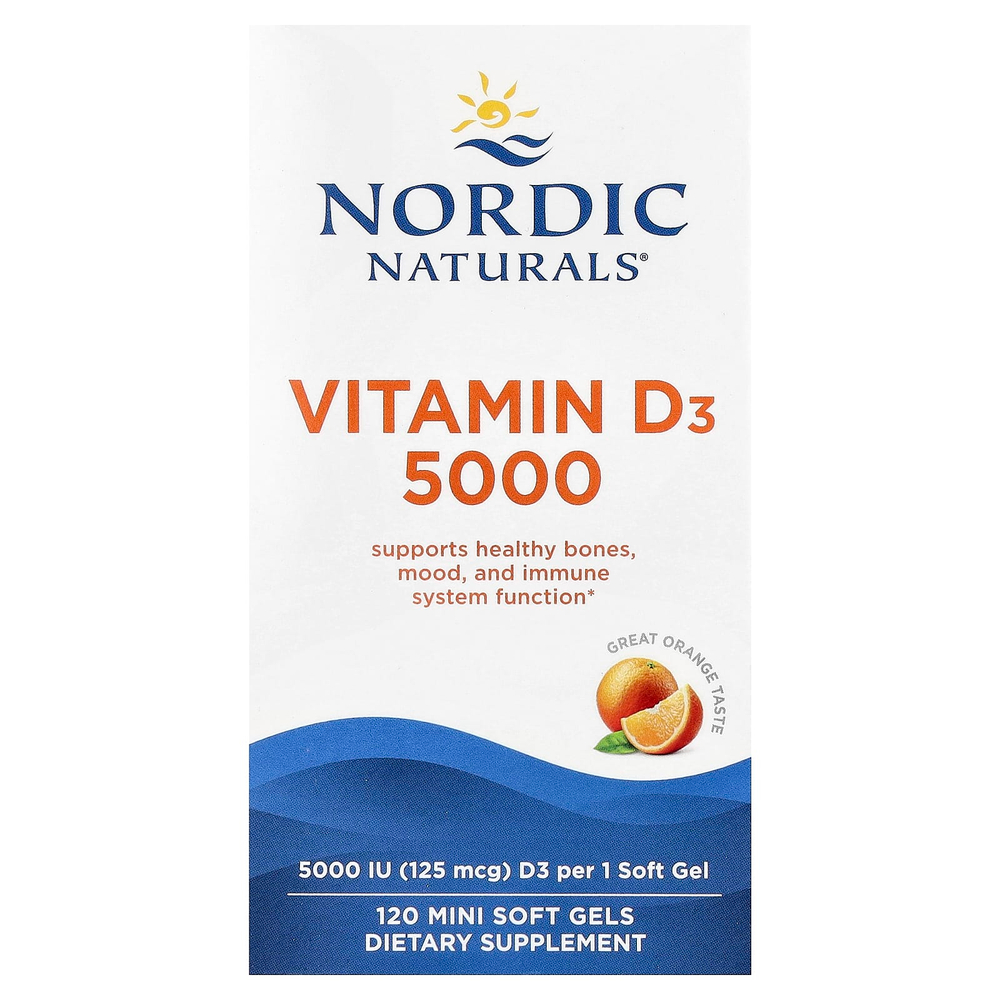 Nordic Naturals, Витамин D3 5000, апельсин, 125 мкг (5000 МЕ), 120 мягких таблеток
