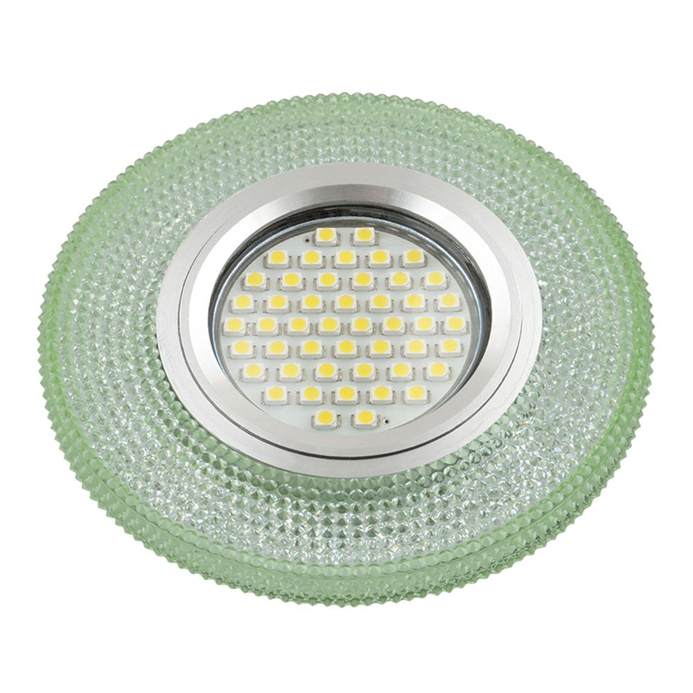 DLS-L142 GU5.3 GLASSY/GREEN Светильник декоративный встраиваемый, серия Luciole. Без лампы, цоколь GU5.3. Доп. светодиодная подсветка 3Вт.Стекло. Зерк