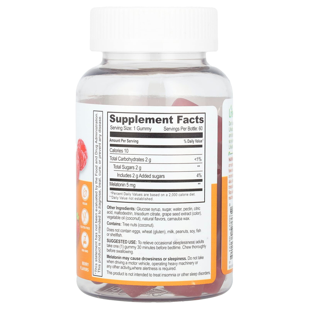 Lifeable, Жевательные мармеладки с мелатонином, ягодные, 5 мг, 60 жевательных таблеток