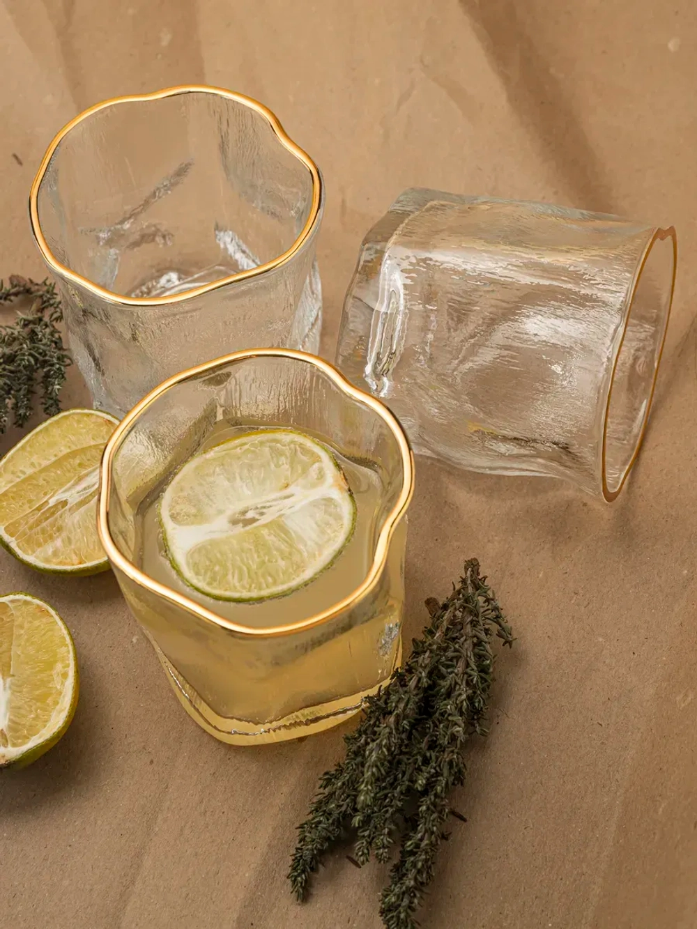 Набор изогнутых бокалов, лед, 250 мл. 6 шт с золотой каймой