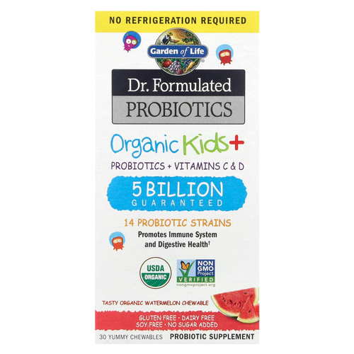 Garden of Life, Компания Dr. Formulated Probiotics, органические жевательные таблетки для детей, с пробиотиками и витаминами C и D, со вкусом органического арбуза, 30 вкусных жевательных таблеток