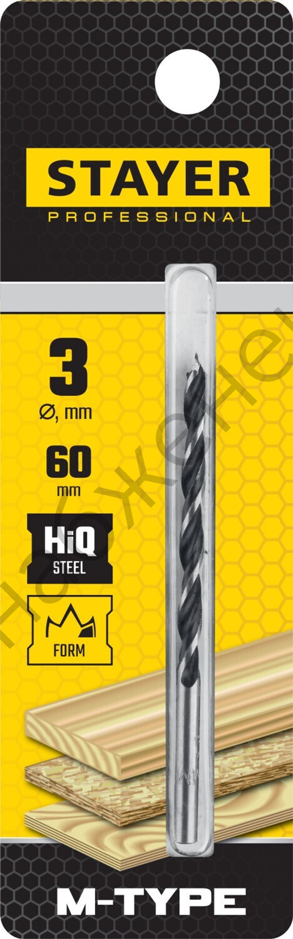 STAYER ″M-type″ 3,0x60/40мм, сверло спиральное по дереву, М-образная заточка (2942-060-03)