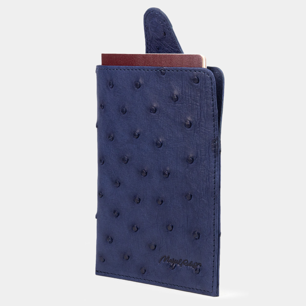 Обложка-кармашек для паспорта London из кожи страуса, синего цвета