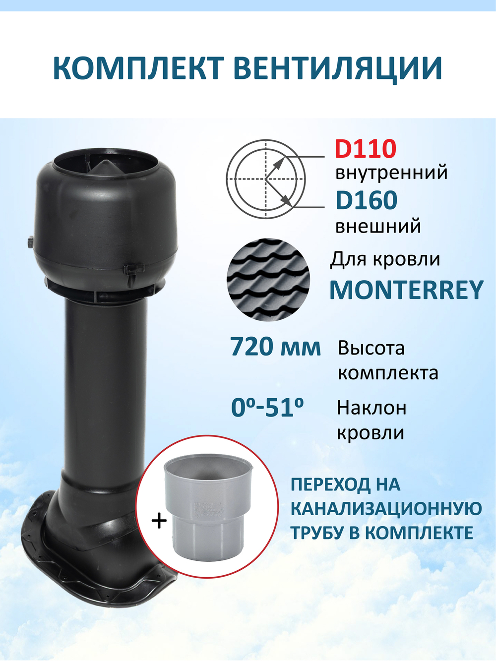 Вент. выход утепленный c колпаком D160 высотой Н-700 с переходом D110, для металлочерепицы Monterrey