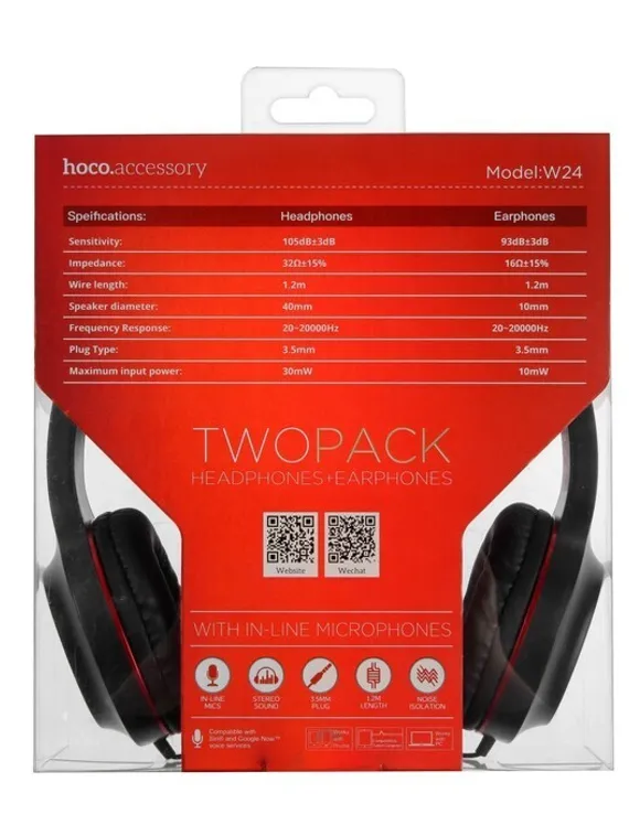 Комплект наушников Hoco W24, проводные, полноразмерные + вакуумные, проводные, красные