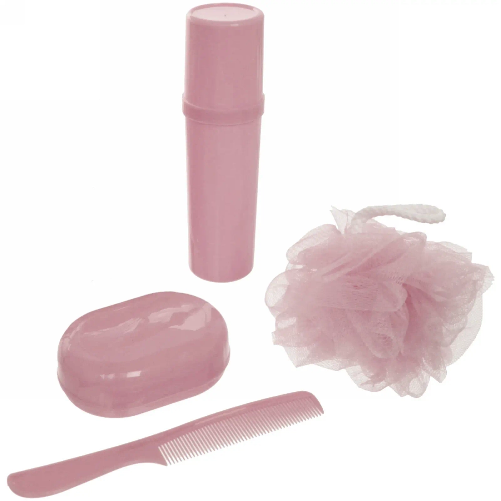 Набор банный дорожный 4шт «Bon voyage - Nice family», (мочалка, футляр 2шт, расческа), микс 3 цвета, 20*16*7 см