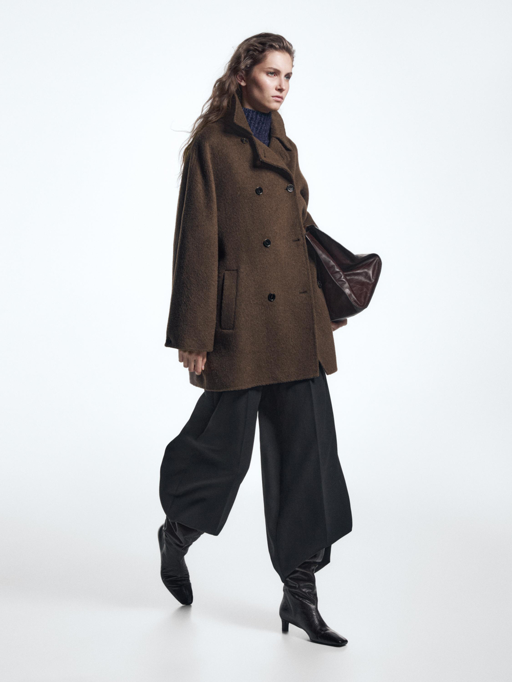 Massimo Dutti Двубортное пальто из смесовой шерсти, коричневый