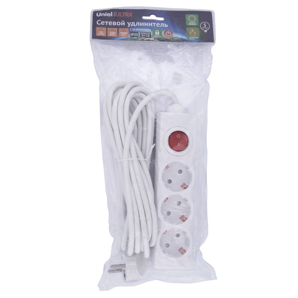 S-GCU3-5B WHITE Удлинитель серии Ultra. шнур 5м.. 3 гнезда. 16A. с-з. Белый. TM Uniel