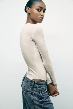 ZARA БОДИ ИЗ ХЛОПКА И МОДАЛА, ЭКРЮ