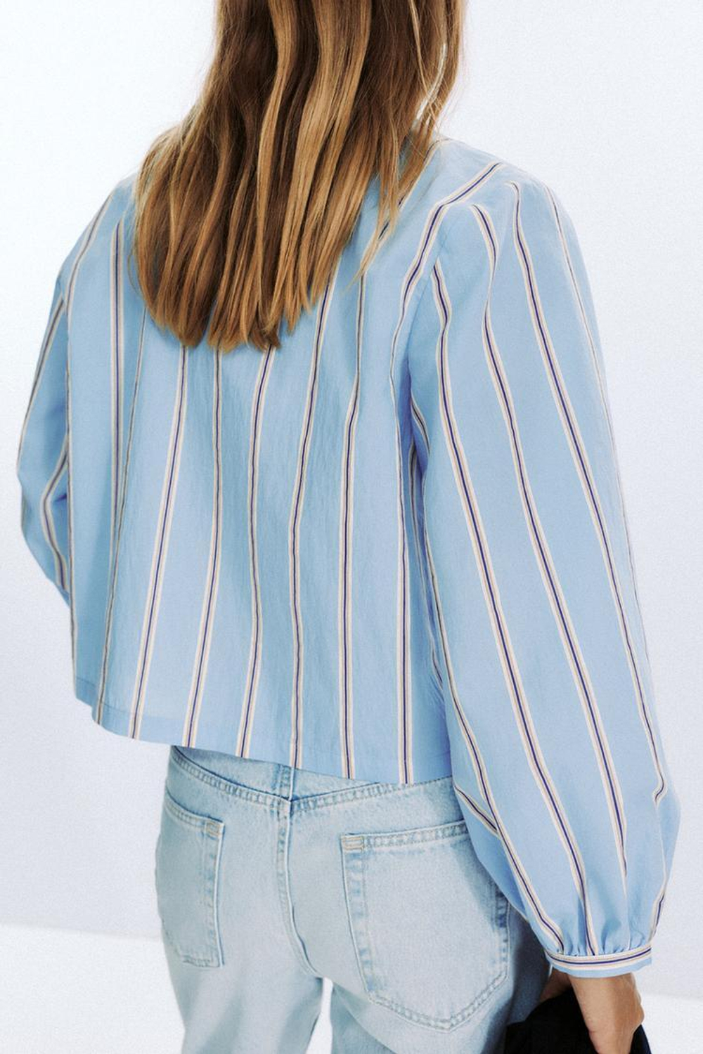 ZARA РУБАШКА ИЗ ПОПЛИНА В ПОЛОСКУ С ЗАВЯЗКАМИ, ПЕСОЧНЫЙ/СИНИЙ