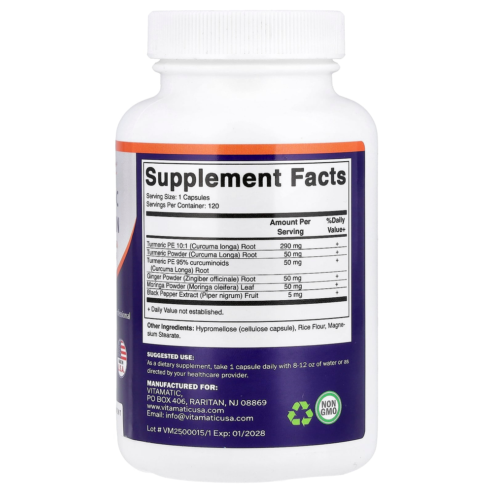 Vitamatic, куркумин из куркумы, имбирь, моринга и черный перец, 120 вегетарианских капсул