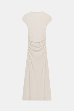 ZARA ПЛАТЬЕ МИДИ СО СБОРКАМИ, ПЕСОЧНЫЙ