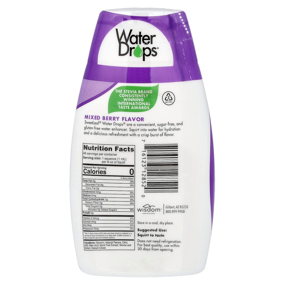 SweetLeaf Stevia, Water Drops®, восхитительный усилитель воды со стевией, ягодное ассорти, 48 мл (1,62 жидк. унции)