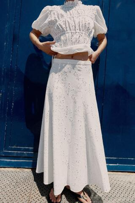 ZARA ЮБКА МИДИ С ПЕРФОРИРОВАННОЙ ВЫШИВКОЙ, БЕЛЫЙ