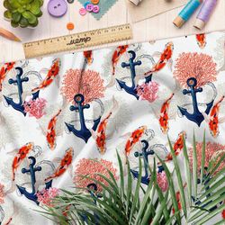 Ткань кулирная гладь якорь золотые карпы кораллы