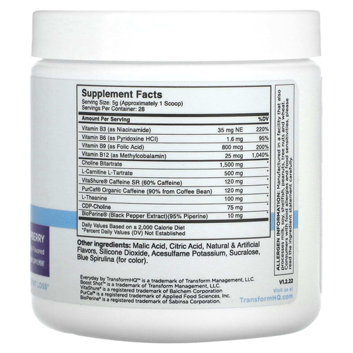 TransformHQ, Everyday Super Boost, со вкусом голубой малины, 140 г (0,31 фунта)