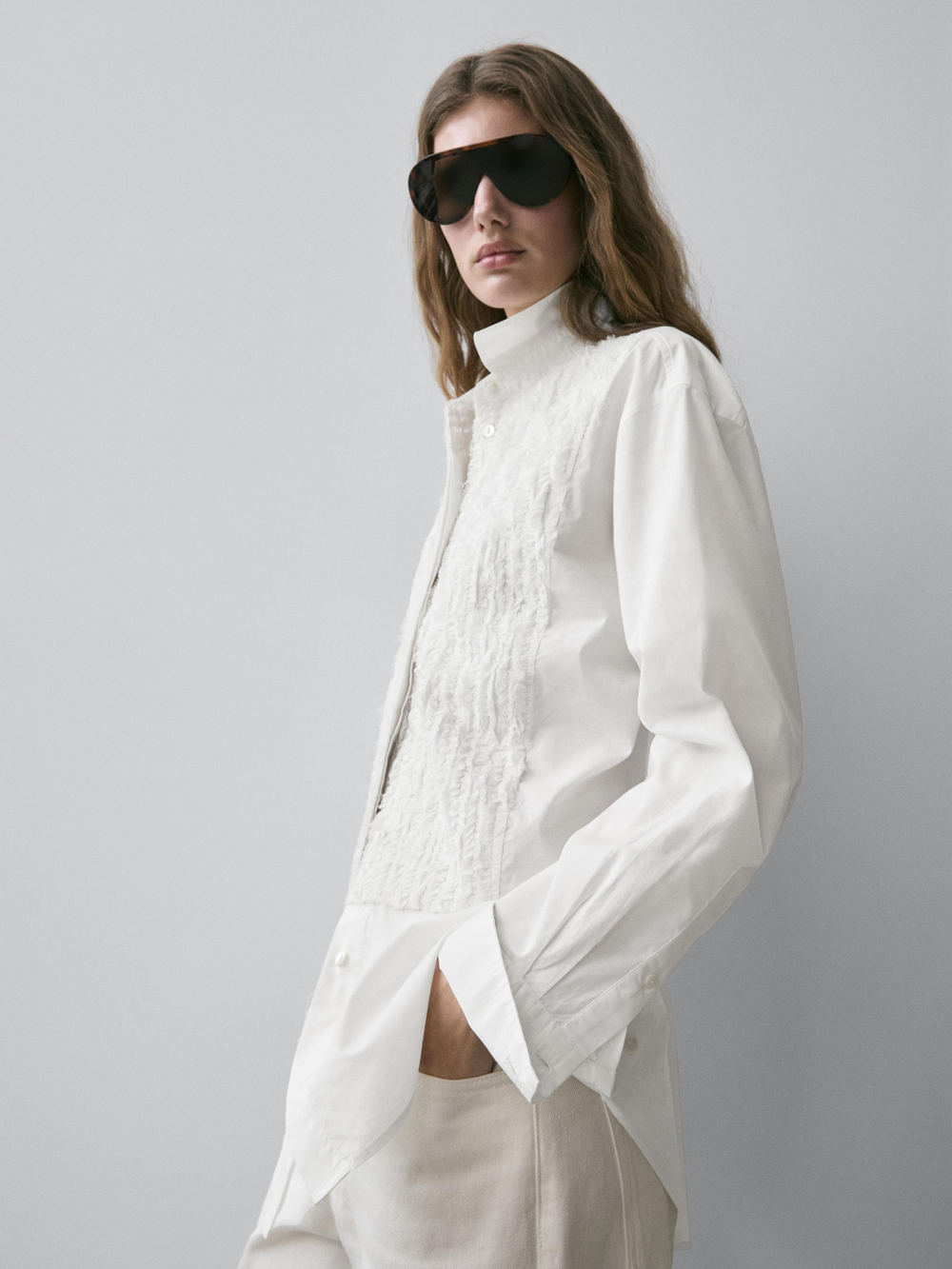 Massimo Dutti Рубашка с большим отложным воротником и вышивкой, белый