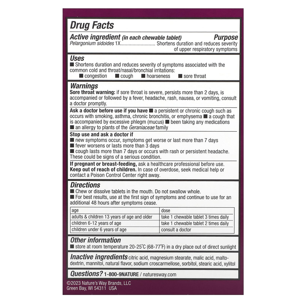 Nature's Way, Umcka, средство от простуды для детей, не вызывающее сонливости, для детей от 6 лет, вишня, 10 жевательных таблеток