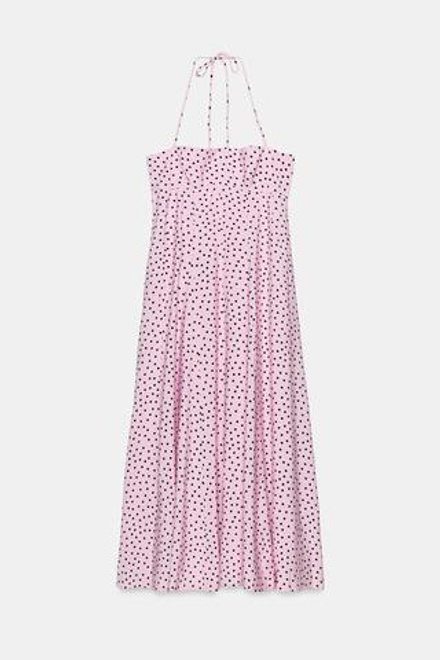 ZARA ПЛАТЬЕ МИДИ В ГОРОШЕК С ГОРЛОВИНОЙ ХАЛТЕР И ОБЪЕМНЫМИ ДЕТАЛЯМИ, РОЗОВЫЙ