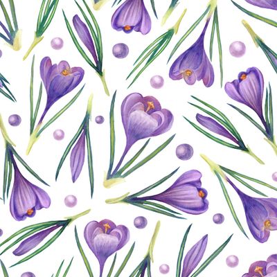 Нежные крокусы и жемчужины на белом.