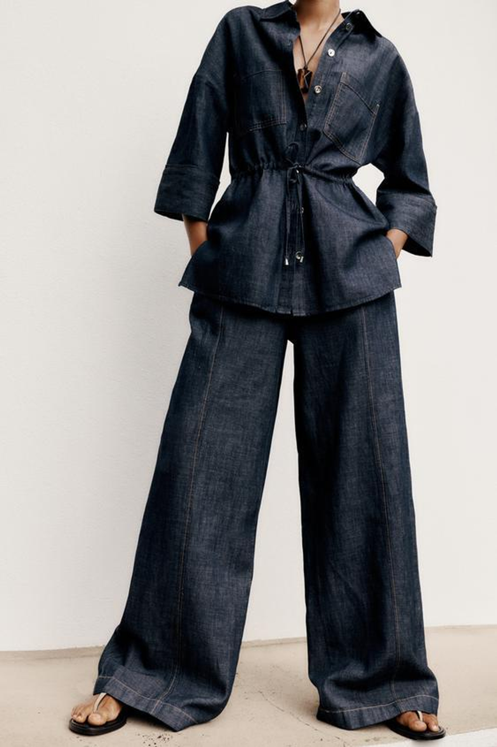 ZARA ШИРОКИЕ БРЮКИ ИЗ ЛЬНА, ИНДИГО