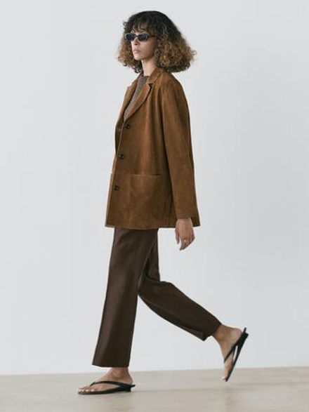 Massimo Dutti Замшевый блейзер с лацканами, коричневый