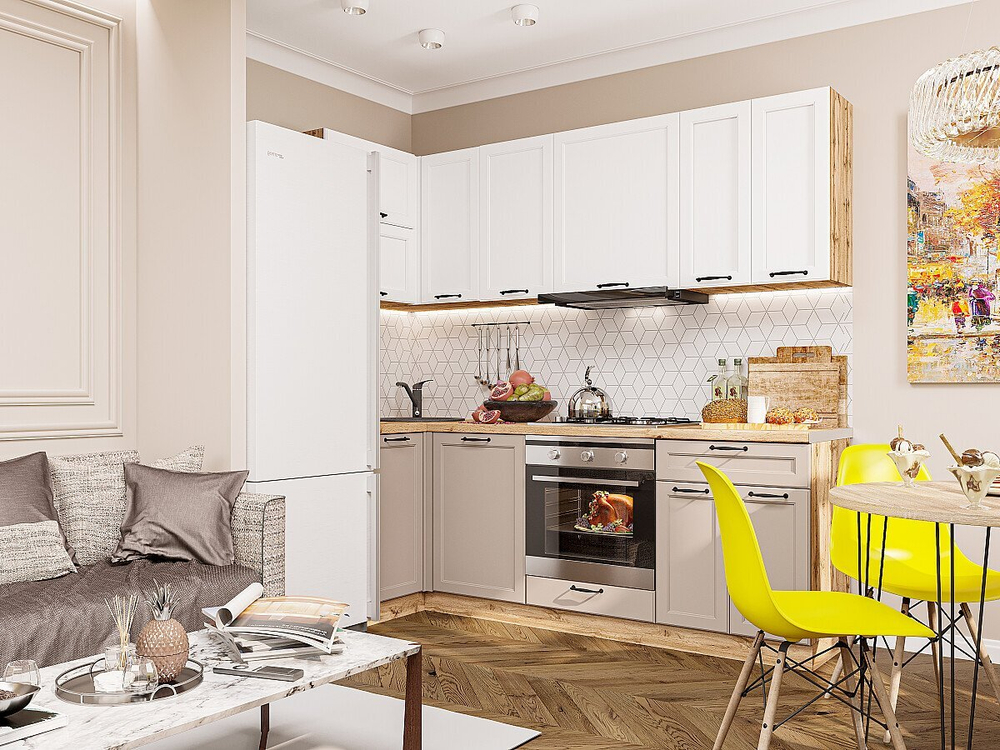 Угловая модульная кухня Барселона-04 Белый/Кашемир - Дуб Вотан 2140*950/2200*600