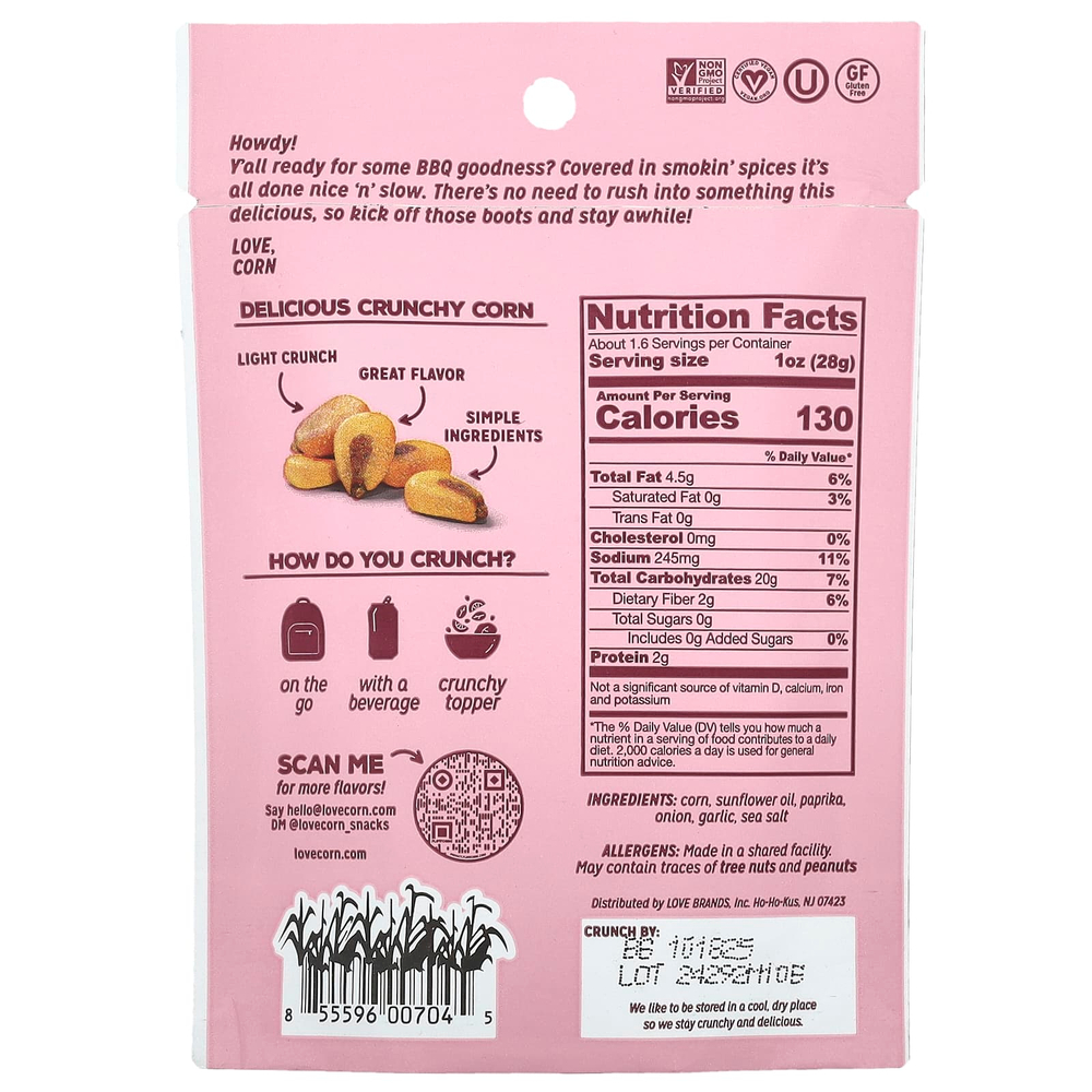 Love Corn, хрустящая кукуруза, копченый барбекю, 45 г (1,6 унции)