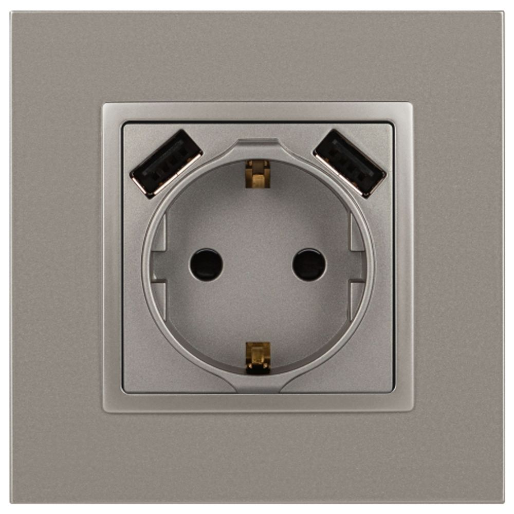 Розетка ЭРА Elegance 14-4109-16 2P+E 16A-250В, штор. с 2xUSB 5В-3А, титан