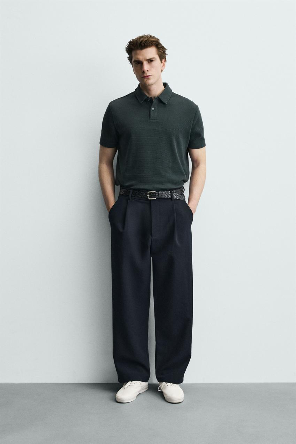 ZARA ПОЛО ИЗ РЕЛЬЕФНОЙ ТКАНИ ВАФЕЛЬНОГО ПЕРЕПЛЕТЕНИЯ, ЗЕЛЕНОВАТО-СИНИЙ