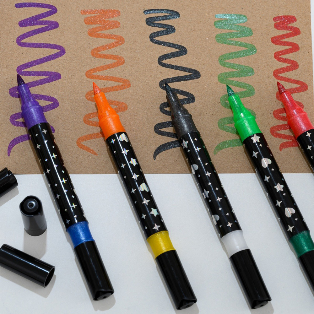 Фломастеры Basir, серия "Блёстки", разноцветные, двусторонние, в прозрачном пластиковом футляре, набор 24 шт