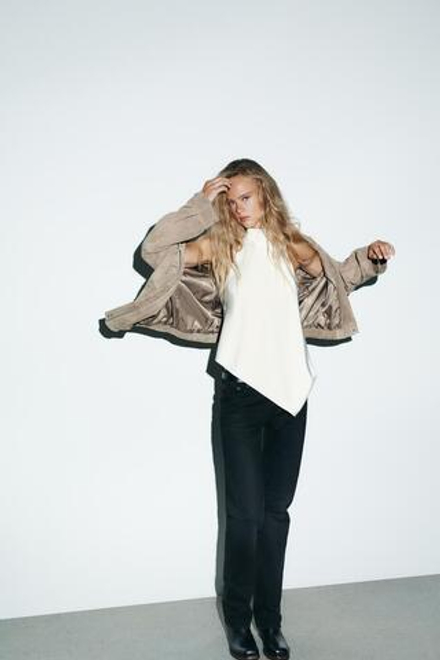 ZARA АСИММЕТРИЧНЫЙ ТОП С ГОРЛОВИНОЙ ХАЛТЕР, ЖЕЛТОВАТО-БЕЛЫЙ