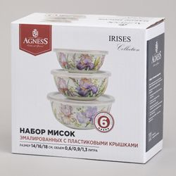 НАБОР МИСОК AGNESS ЭМАЛИРОВАННЫХ С ПЛАСТИК.КРЫШКАМИ, СЕРИЯ ФЛАНДРИЯ 6ПР 0,6/0,9/1,3Л ДИА. 14/16/18СМ