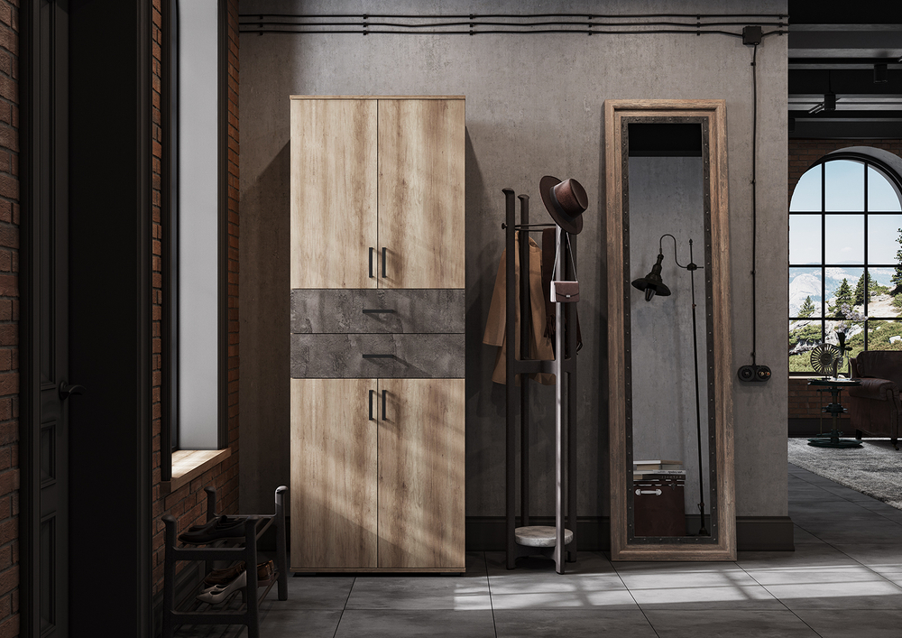 НЕЛЬСОН-5 Шкаф 2-х дверный с полками и ящиками Дуб каньон / Железный камень