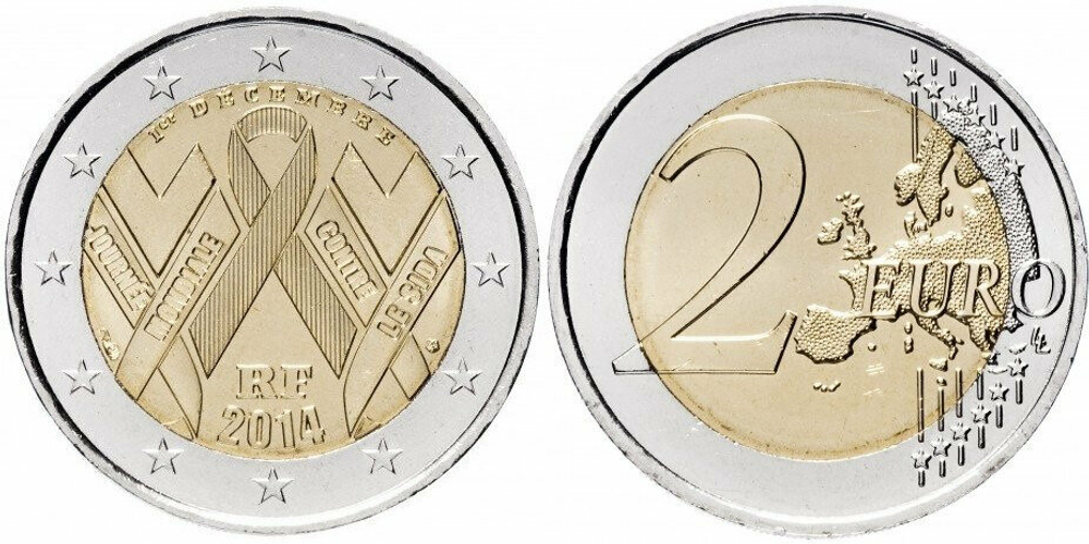 Франция 2 евро, 2014 Всемирный день борьбы со СПИДом UNC
