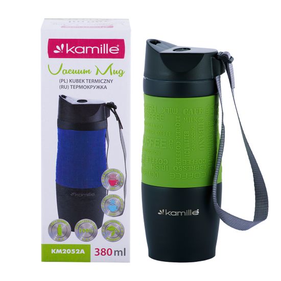 Термокружка 380 мл. из нержавеющей стали Kamille KM 2052A с TPR-вставкой и ремешком