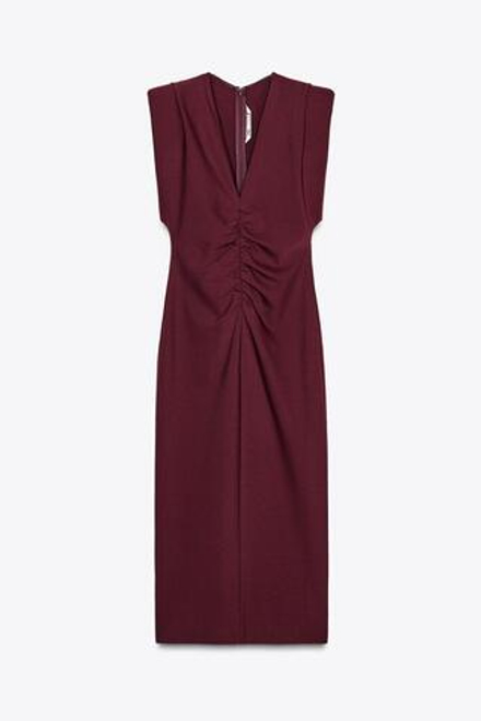 ZARA ПЛАТЬЕ МИДИ СО СБОРКАМИ — ZW COLLECTION, ВИННЫЙ
