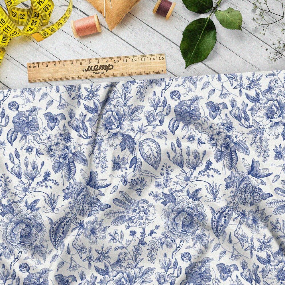 Ткань лен розы росписью гжель