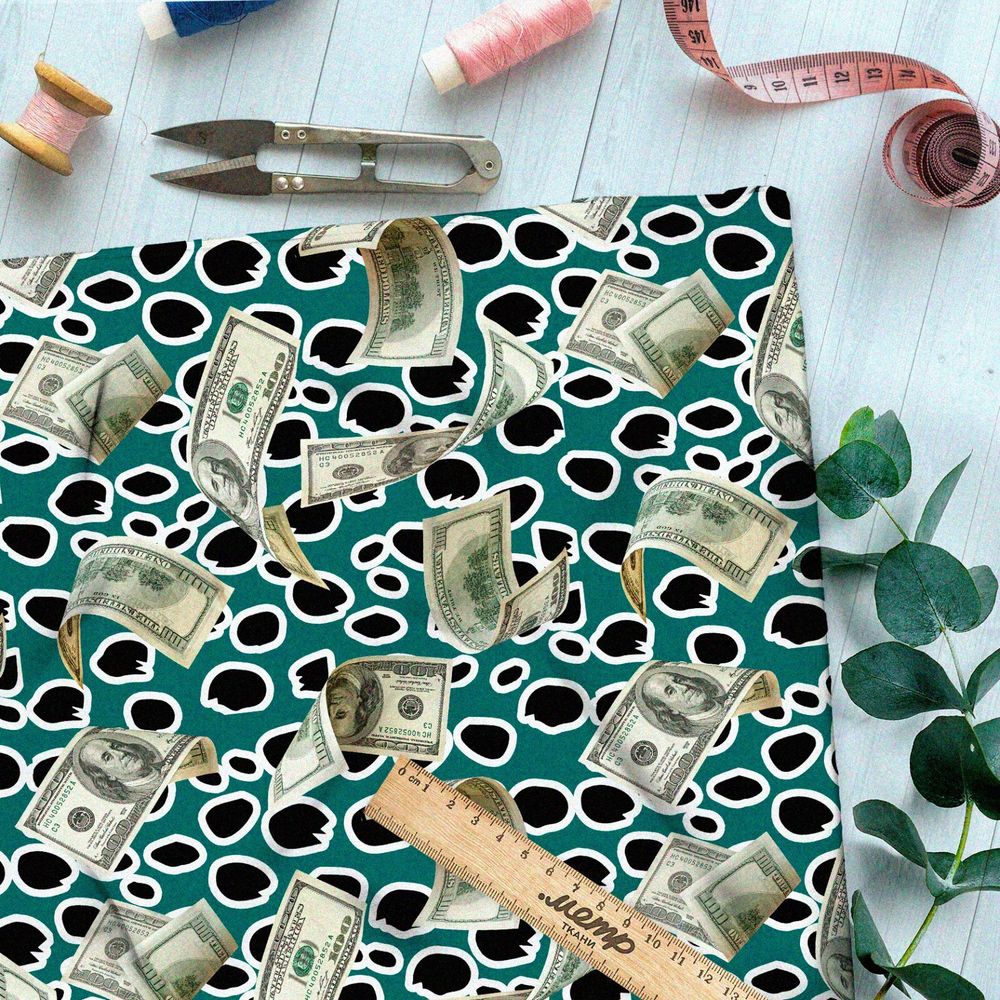 Ткань муслин реалистичные доллары на зелёном фоне в горошек