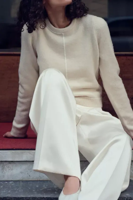ZARA СВИТЕР ИЗ ТРИКОТАЖА С КОНТРАСТНОЙ ПОЛОСКОЙ, ЭКРЮ