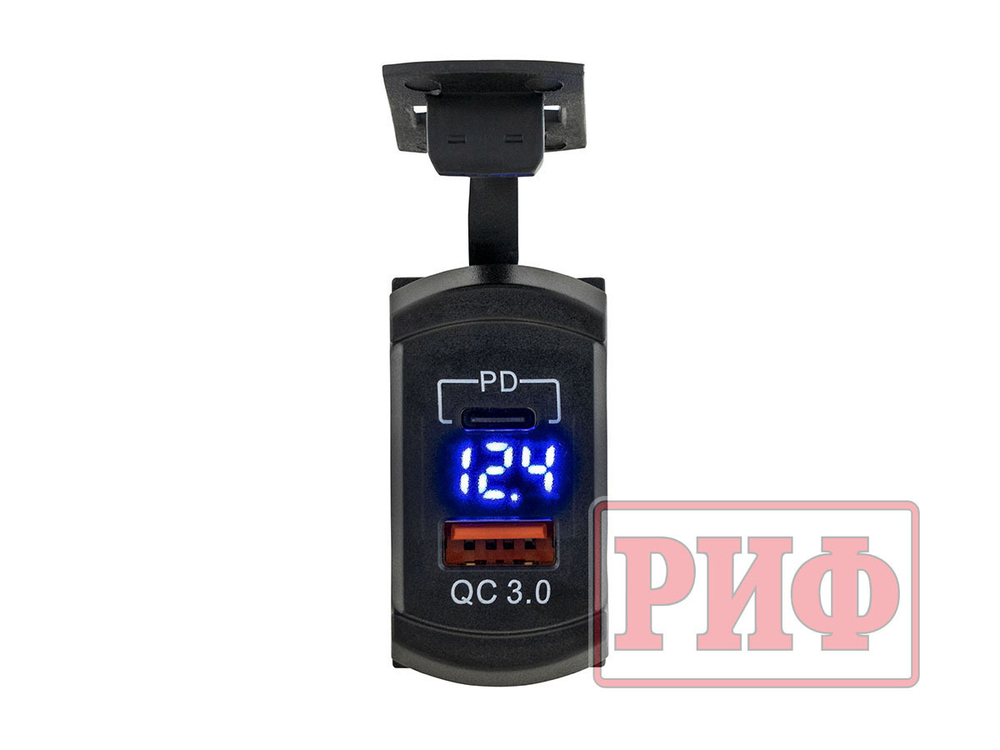 Розетка USB Type PD, QC 3.0 с вольтметром, синяя подсветка
