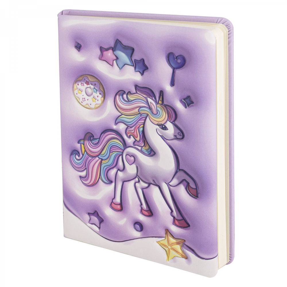 Записная книжка 14,0 см * 21,0 см , 7БЦ, Alingar, PU, поролон, конгрев, эффект 3D, 80л., линия, "Единорожка", сиреневый