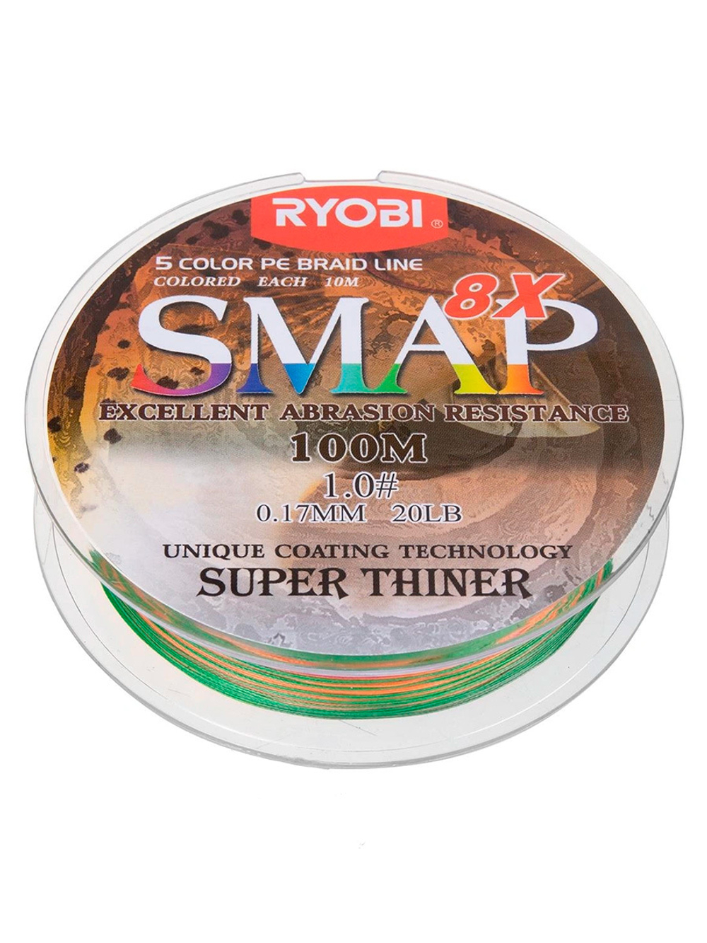 Шнур плетеный для рыбалки Ryobi SMAP PE8X-100M Multi Colour 6.0# 0,405мм